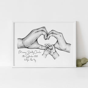 Personalised New Baby Print, New Parents Print, Family Hands Print, Special Date Print, Valentines Print, Couples Gift, New Born Gift