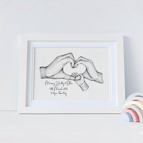 Personalised Family Of 3 Print, Family Hands Heart Print, New Baby Gift, New Parents Gift, New Baby, Family Hands Print, New Born Gift