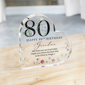 Personalised Happy 80th Birthday Gift Plaque, Birthday Gift For Nan, Heart Plaque, 80th Birthday Gifts, Floral 80th Gift, Gifts for Her Him