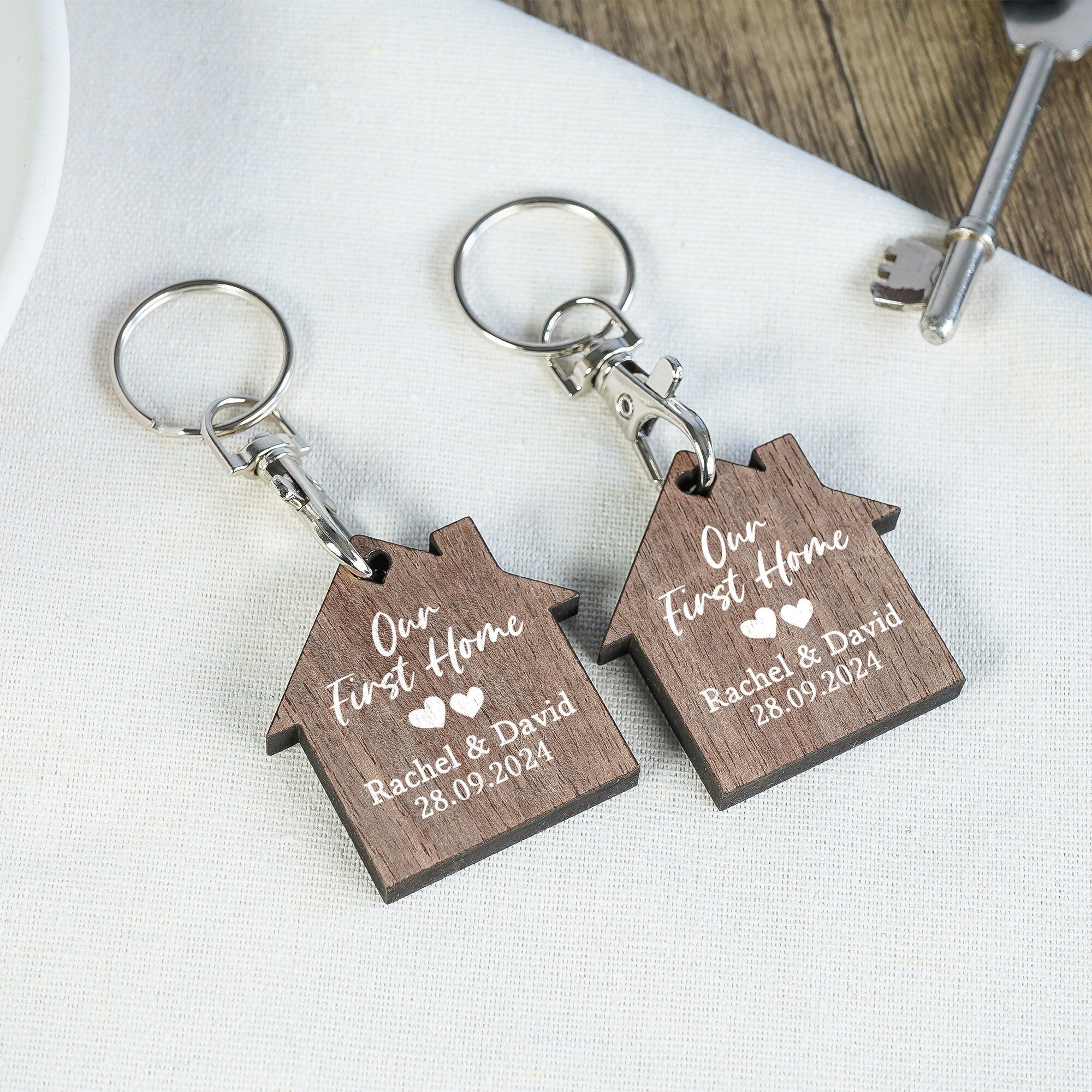 Personalised Natural Walnut Wood First Home Keyrings – From Willow