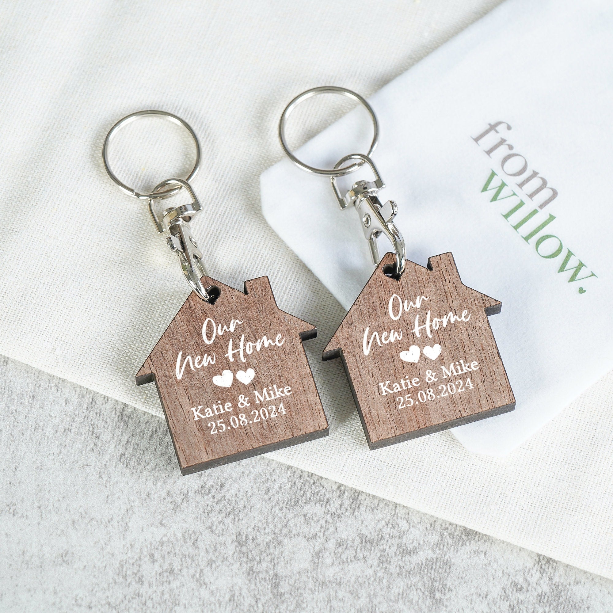 Fisrt Home Key Rings Personalised Natural Walnut Wood First Home Keyrings – From Willow