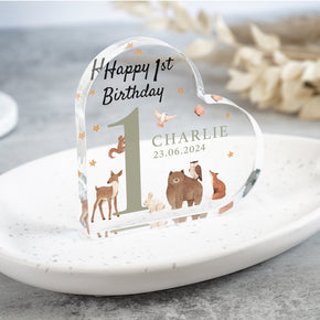 Personalised 1st Birthday Gift, First Birthday Plaque, Woodland Animals Gift, Birthday Heart Plaque Keepsake, Animal Themed Gifts