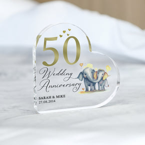 Personalised 50th Anniversary Gift, Golden Anniversary Heart Plaque, Elephant Gifts, 50th Anniversary Gift for Husband, Wife, Parents