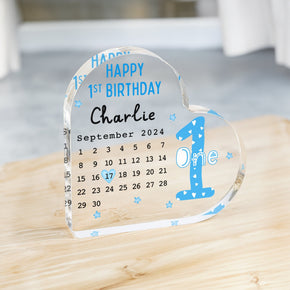 Personalised 1st Birthday Gift for Baby Boy, First Birthday Plaque, Baby Blue Gifts, Birthday Heart Plaque Keepsake, Date Calender Gift