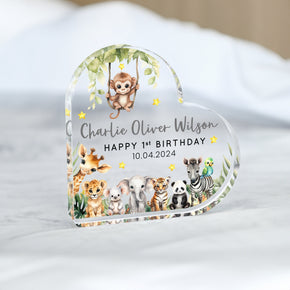 Personalised First Birthday Gift, 1st Birthday Gift, Safari Animals Gift, Birthday Heart Plaque Keepsake, Animal Themed Gifts