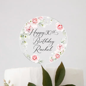 Personalised Happy Birthday Cake Topper, Pink Floral Cake Topper, 18th 21st 30th 40th 50th Birthday, Clear Cake Topper, Birthday Name