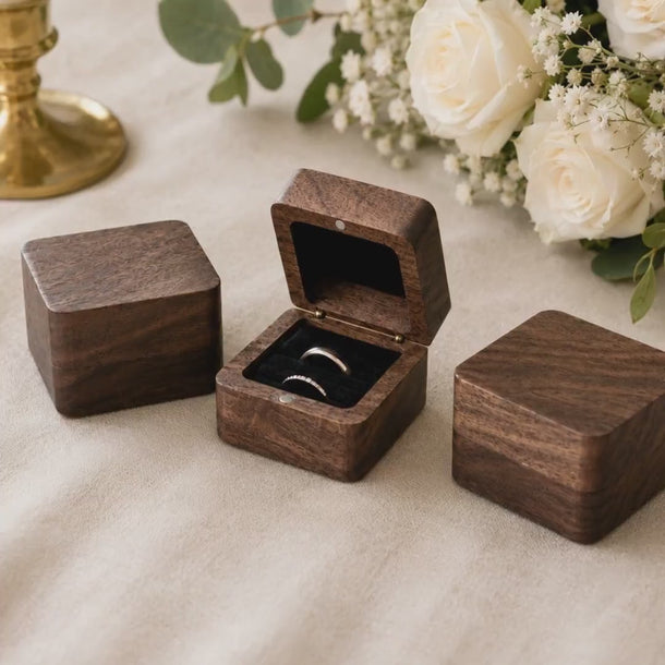 Personalised Walnut Wedding Ring Box, Square Ring Bearer Box, Engagement Box, Proposal Ring Holder Keepsake