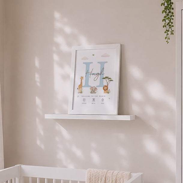 Personalised New Baby Name Print, Newborn Birth Details Gift, Safari Animals Wall Art, Initial Keepsake