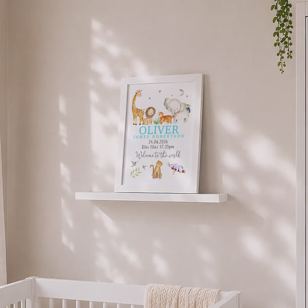 Personalised New Baby Framed Print, Safari Animals Birth Details, Nursery Wall Art, Gift for New Parents, Baby Boy or Girl