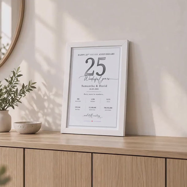 Personalised 25th Silver Wedding Anniversary Gift, 25 Years Together Print, Framed Mum Dad Keepsake