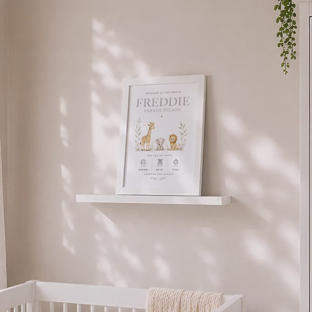 Personalised New Baby Framed Print, Safari Jungle Animals, Nursery Wall Art, Gift for New Parents, Baby Boy or Girl