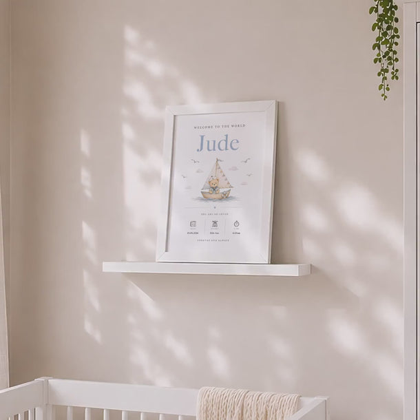 Personalised New Baby Boy Framed Print, Seaside Beach Themed, Nursery Wall Art, Gift for New Parents, Baby Boy