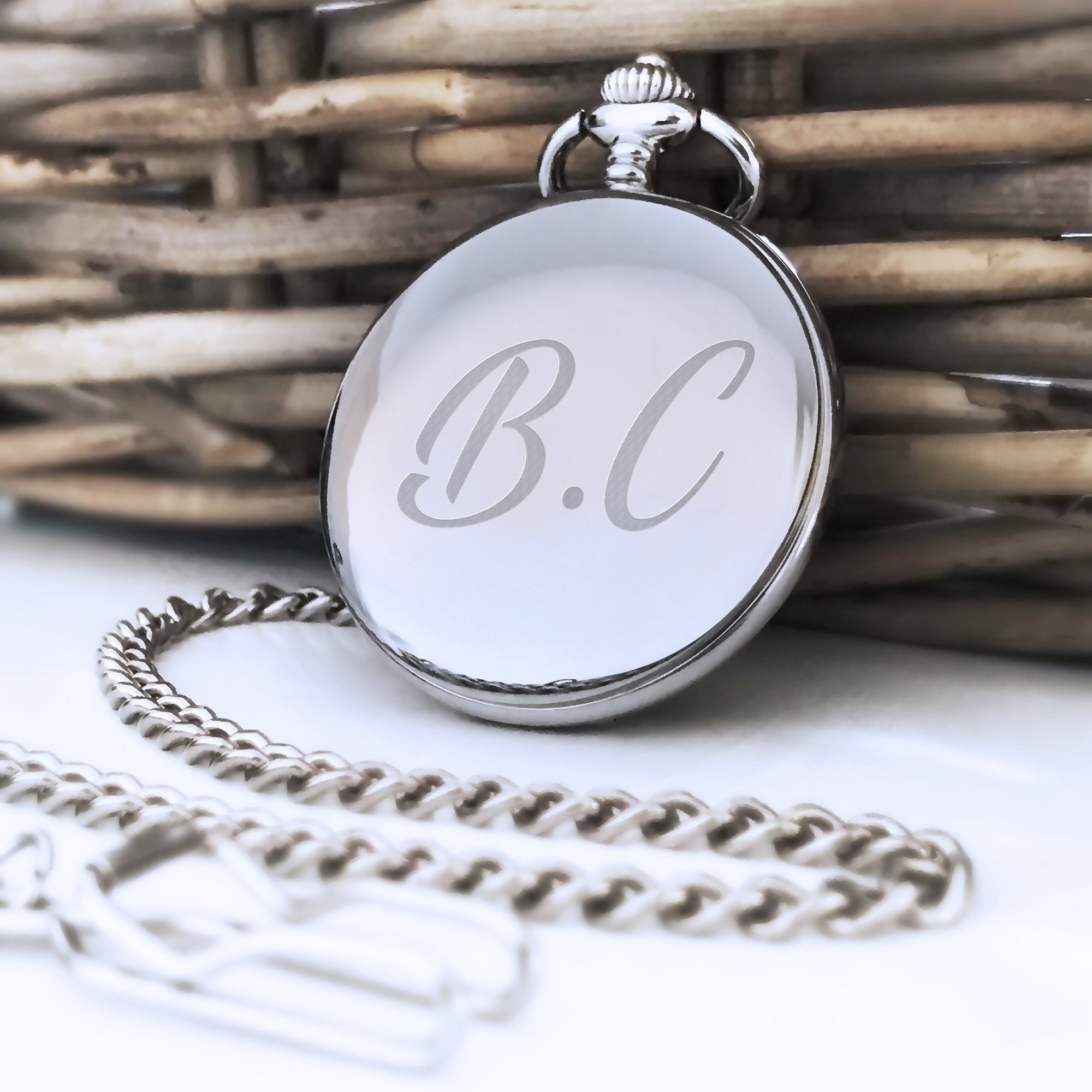 Personalized Silver Pocket Watch With Engraved Monogram