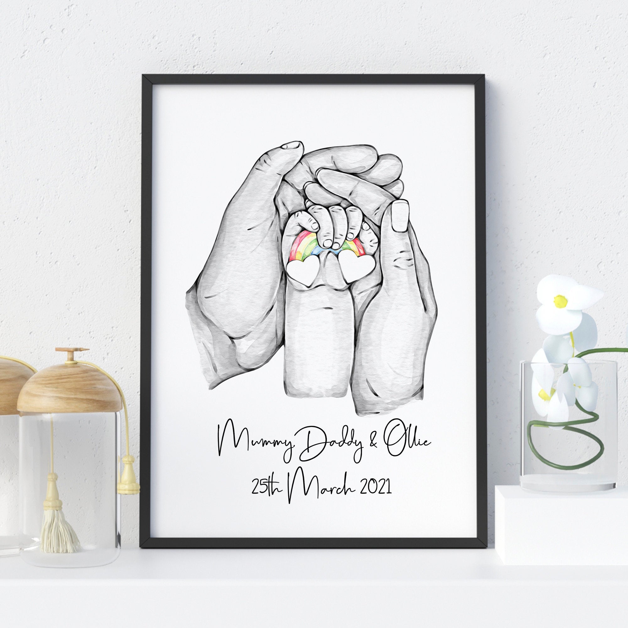 Personalised Child and Parent Rainbow Family Handprint Art - Hold upon Heart