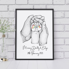 Personalised Family Of 3 Print, Family Rainbow Print, New Baby Print, New Parents Gift, New Baby, Family Hands Print, New Born Gift