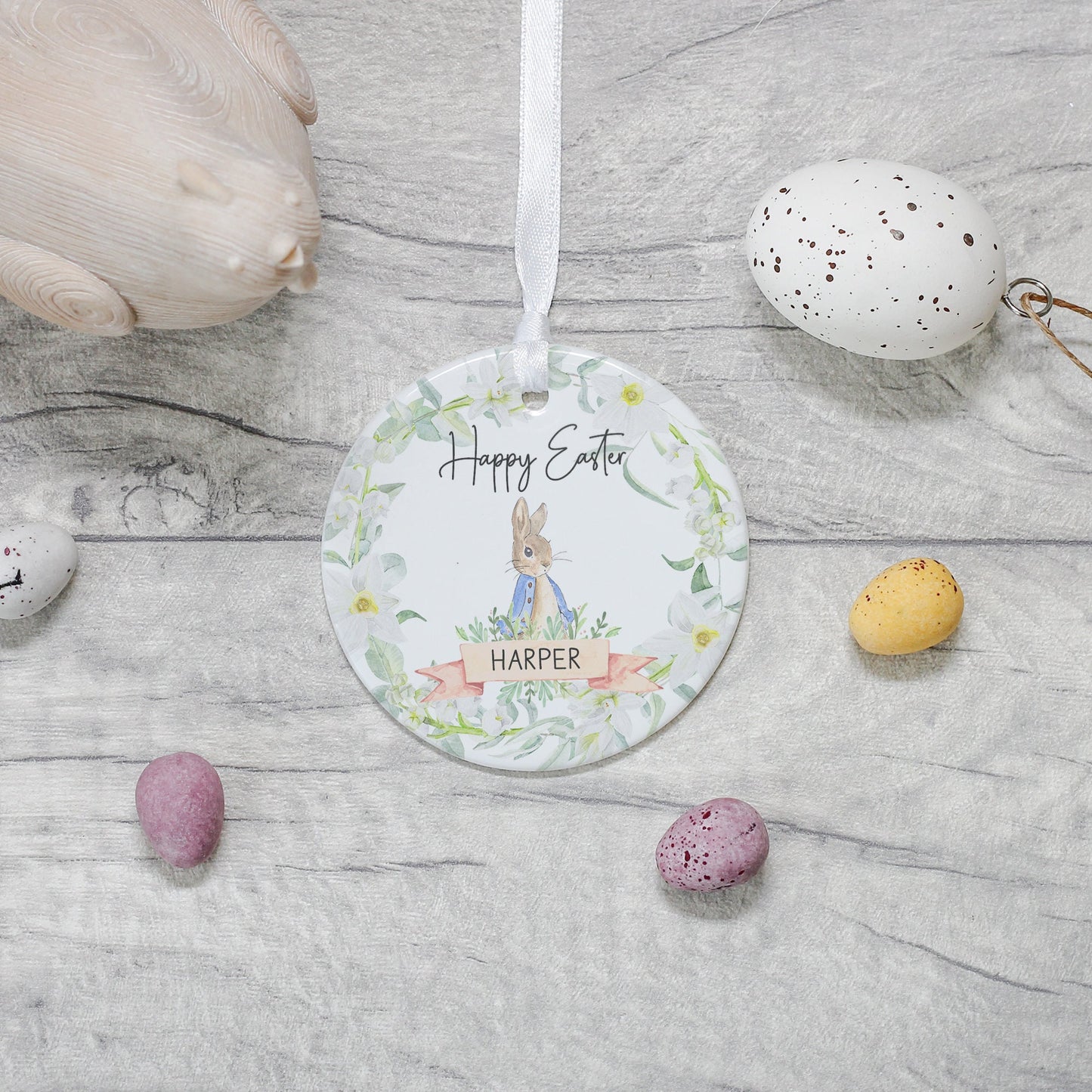 Personalised Happy Easter Decoration, Bunny Rabbit Easter Gift, Easter Egg Hunt Gifts, Baby Girl Boy First Easter, Easter Gifts
