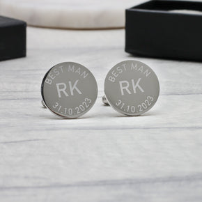 Personalised Men's Engraved Wedding Party Role  Round Cufflinks Any Date Initials