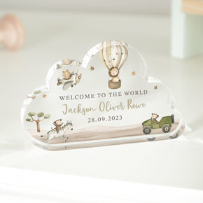 Personalised New Baby Plaque, Congratulations Gift, Safari Animals Gift, Baby Arrival Gifts, Cloud Plaque, Congrats Gift, New Parents